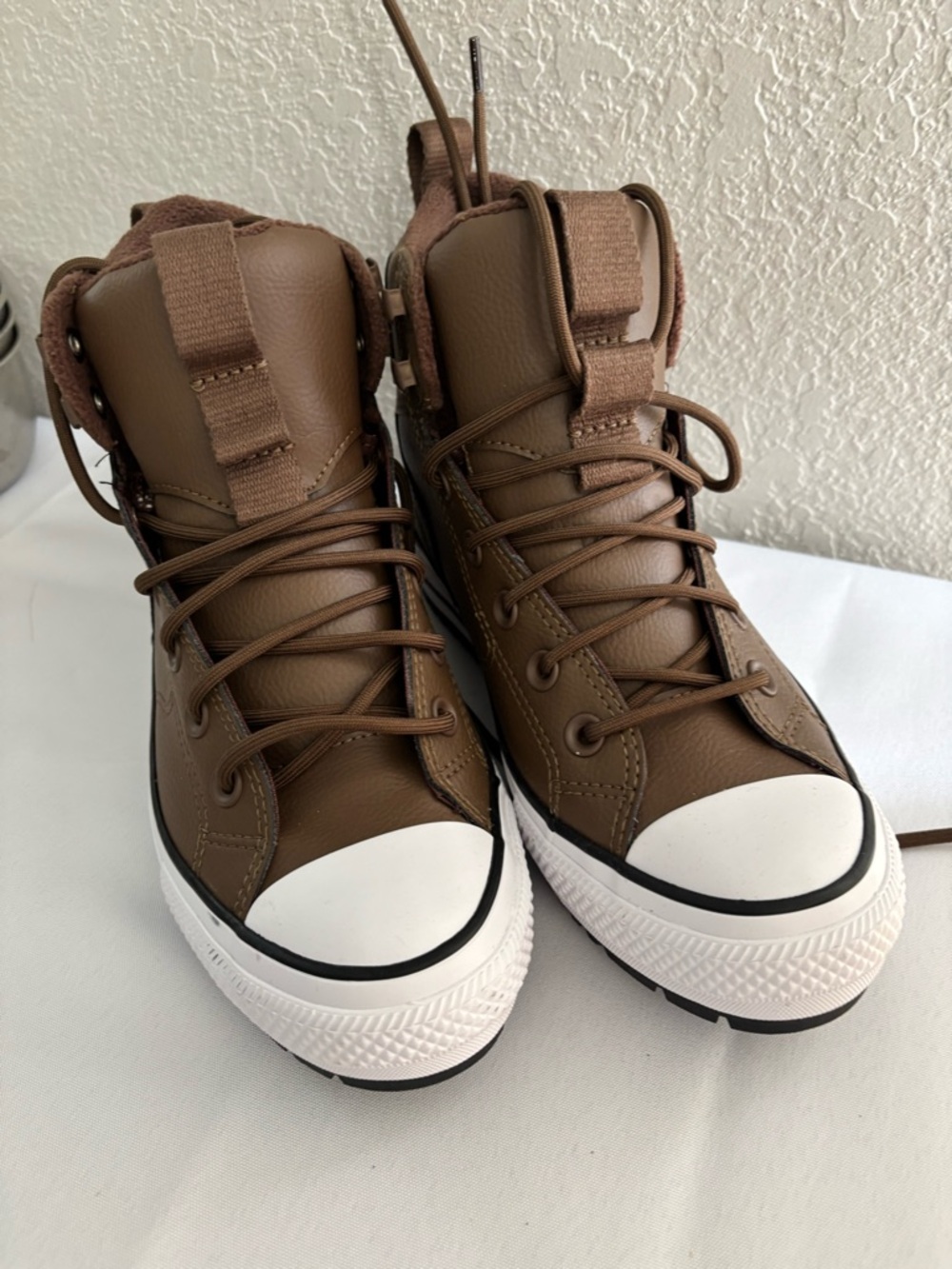 Kids Brown High-Top Sneakers with White Toe Cap